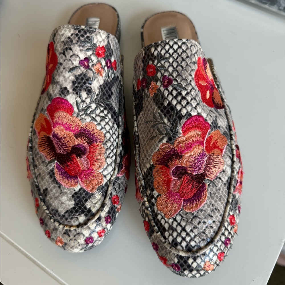 Snake Print Floral Slip On Mules